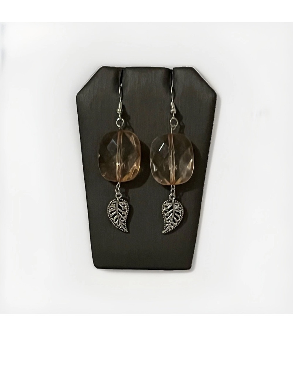 Autumn Fall Leaf Dangle Earrings Silver Tone Faceted Light Pink Glass Bead Boho